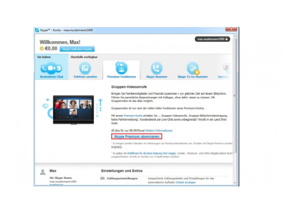Ihr Kontoverwaltungsfenster: Hierüber können Sie "Skype Premium" abonnieren.