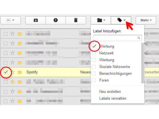 Labels direkt im Posteingang verwalten.