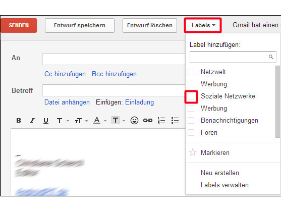 Labels beim Verfassen von E-Mails vergeben.