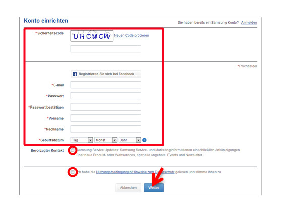 Registrierung für ein Samsung-Konto. (Quelle: Screenshot)