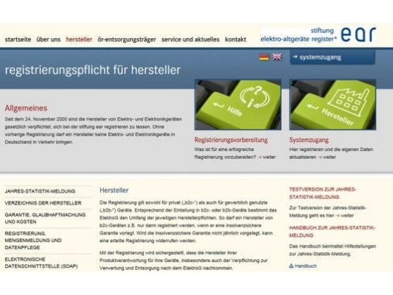 Auf dieser Seite lassen sich die Hersteller von Elektronikgeräten in Deutschland registrieren. Die Stiftung EAR soll unter anderem die Abholung des Elektronikschrotts bei den Sammelstellen organisieren.