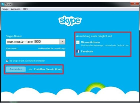 Um Skype zu nutzen, benötigen Anwender ein neues Konto. Alternativ können sie aber auch ein bestehendes Microsoft- oder Facebook-Konto zur Anmeldung nutzen.