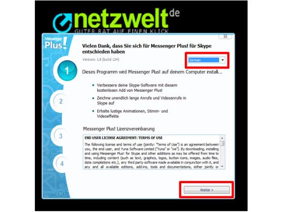 Sprache einstellen und Lizenzvertrag akzeptieren.
