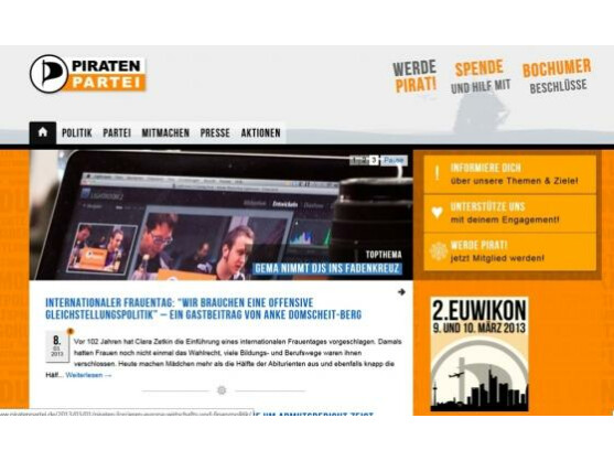 Trotz der Krise in der Piratenpartei: Die Webseite zeigt, dass die Piraten immer noch jede Menge interessante Themen auf Lager haben.