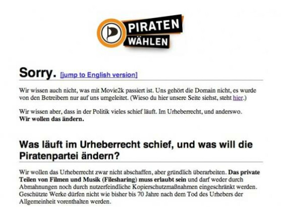 Umleitung: movie2k.to-Anfragen werden auf die Seite der Piratenpartei weitergeführt.