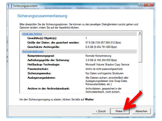 Anzeige aller Optionen für das Backup.