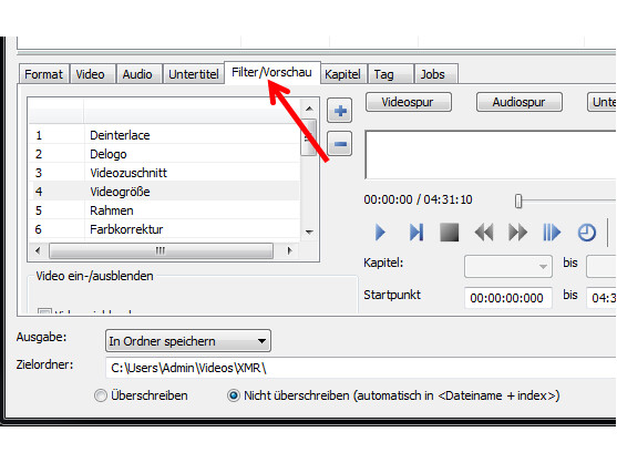 Bearbeitungsbereich für Filter öffnen.
