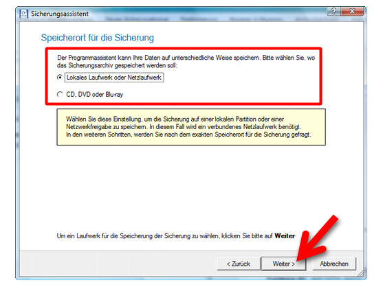 Bestimmen Sie, wo Ihre Datensicherung gespeichert werden soll.