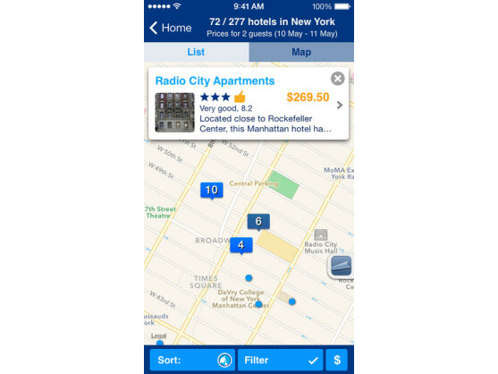 Wahlweise auf einer Umgebungskarte oder als Listenansicht präsentiert Booking.com Ergebnisse auf dem Smartphone.