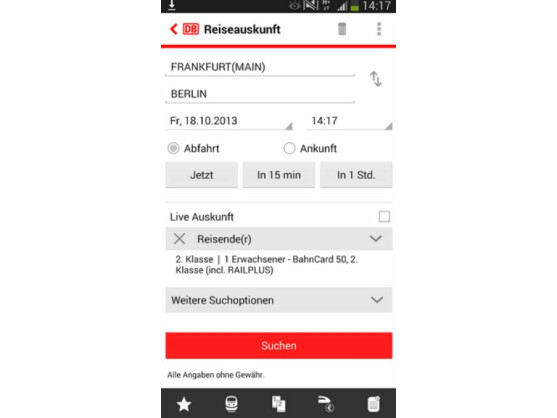 Nach Eingabe von Start und Ziel funktioniert die Reiseauskunft mit dem DB Navigator sehr zügig.