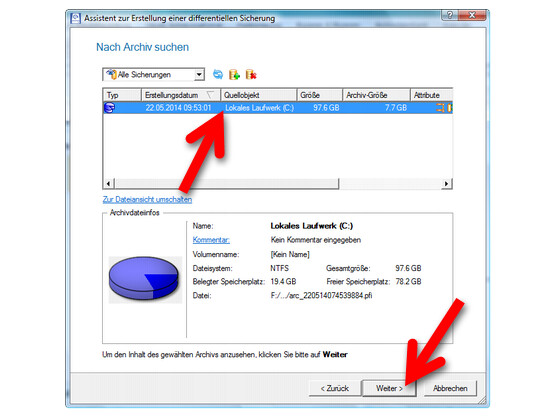 Image als Master-Backup für die differenzielle Sicherung auswählen.