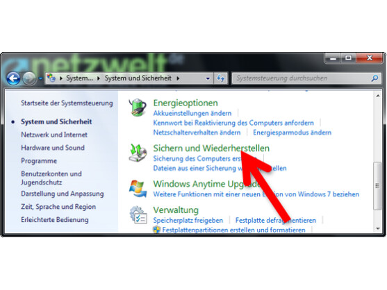 Optionen für die Datensicherung in Windows auswählen.