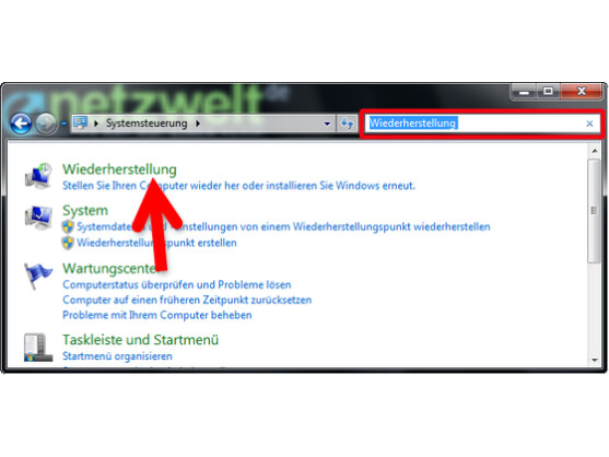 In der Systemsteuerung rufen Sie Wiederherstellungsoptionen auf.