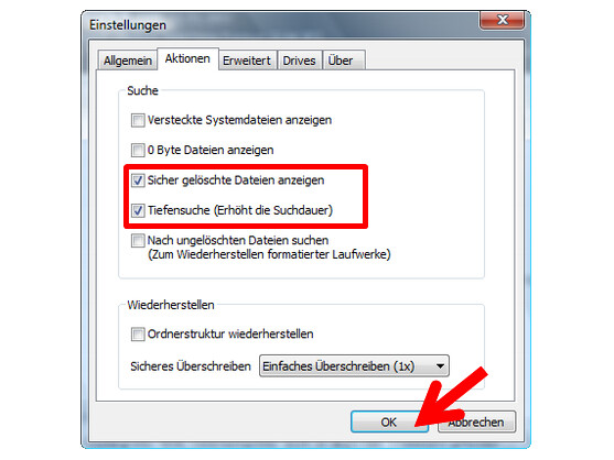 Tiefensuche und Anzeige sicher gelöschter Dateien anzeigen.