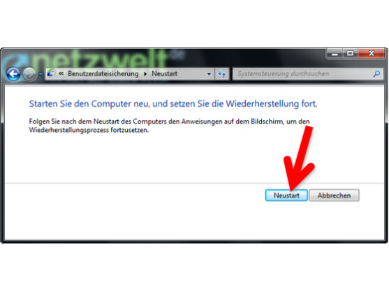Zur Wiederherstellung muss der Computer heruntergefahren und wieder hochgefahren werden.