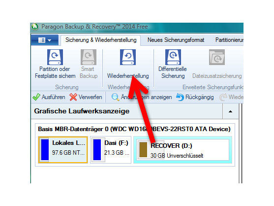 Wiederherstellungsassistenten aufrufen.