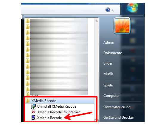 XMedia Recode über das Windows-Startmenü öffnen.