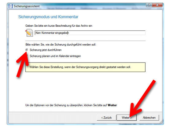 Zeitpunkt für die Datensicherung festlegen.