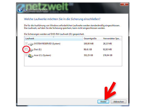 Zusätzliche Laufwerke in die Erstellung des Systemabbilds einbinden.