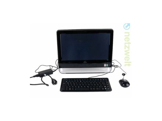 Günstiger All-in-One-PC mit Technik aus der Welt der Netbooks: Asus Eee Top. Die kleine Maus und die kleine Tastatur gehören zum Lieferumfang.