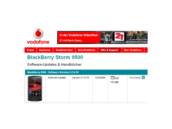 Das Software-Update für das Blackberry Storm kann über den Vodafone-Support heruntergeladen werden.