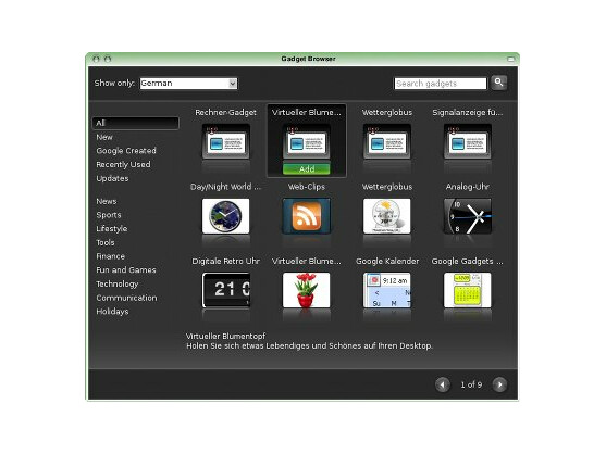 Das Programmfenster von Google Gadget