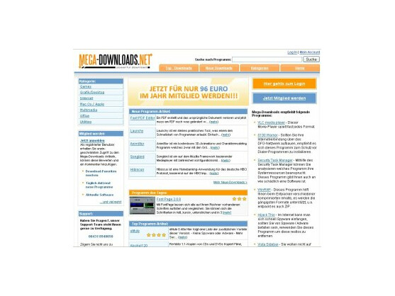 Auf der Startseite von mega-download.net wird prominent auf die Kosten für den Download von Software, die eigentlich kostenlos ist, hingewiesen.