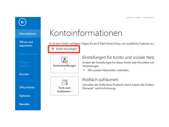Neues Konto in Microsoft Outlook hinzufügen.