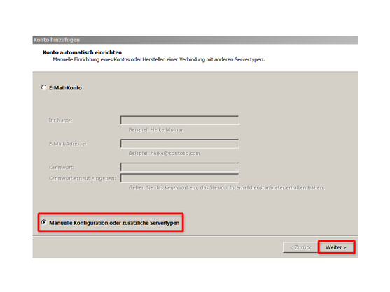 Manuelle Konfiguration in Outlook wählen.