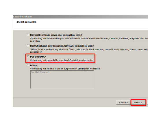 Einrichtung eines POP-Kontos in Outlook auswählen.