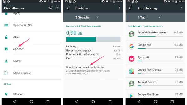 Android 6.0 bietet eine Übersicht zur App-Nutzung des Arbeitsspeichers.