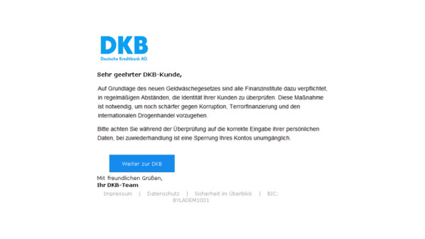 Betrüger verschicken zurzeit solche oder ähnliche gefälschte Mails im Namen der DKB.