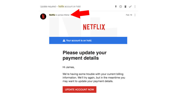 Wie ihr sehen könnt, sollte die Netflix-Mail nicht an "jameshfisher@gmail.com", sondern an "james.hfisher@gmail.com" gehen.