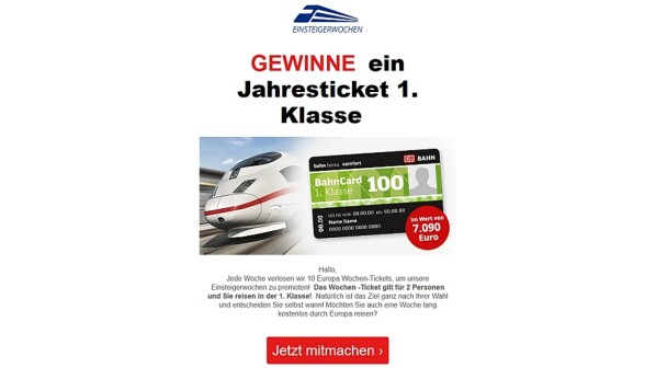 Diese Phishing-Mail im Namen der Deutschen Bahn soll ein angebliches Gewinnspiel bieten.