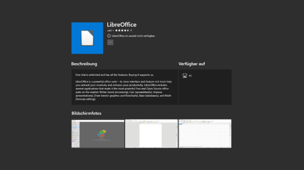 Die LibreOffice-UWP-App stammt nicht von dem Original-Entwickler.