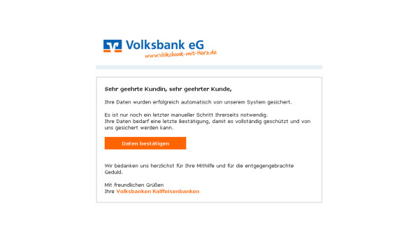   This phishing mail on behalf of the Volksbank carries the subject line 