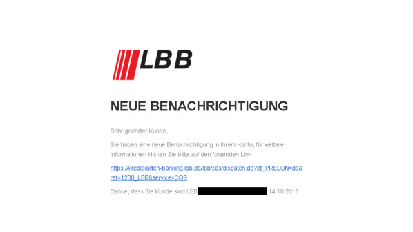 "NEUE BENACHRICHTIGUNG 16.10.2018 5748" ist die Betreffzeile dieser Phishing-Mail im Namen der LBB.