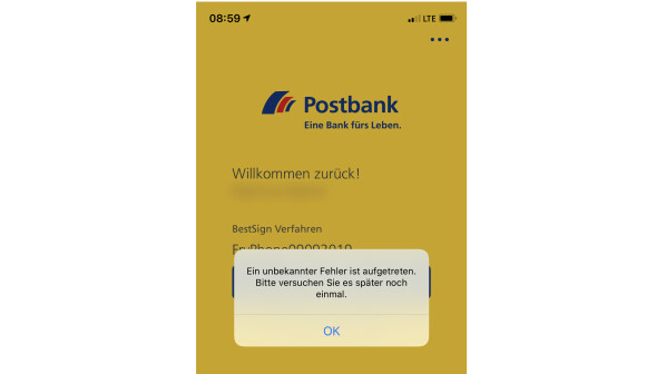 Postbank customers are currently experiencing this error message in the application.