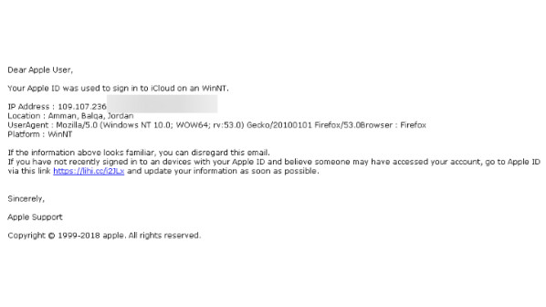 "Your Apple ID was login in another Ip Address" trägt diese Phishing-Mail als Betreffzeile.