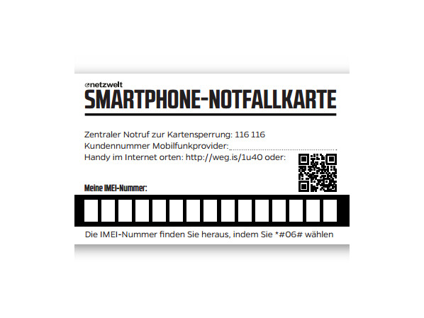 Notfallkarte für den Verlust des Smartphones.