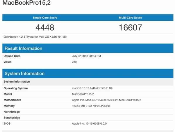   An unpublished MacBook Pro appears in Geekbench 