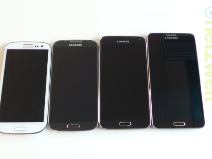 Das Galaxy S5 (zweites von rechts) ähnelt eher dem Note 3 Neo (rechts) als seinem Vorgänger Galaxy S3 (links) und Galaxy S4 (zweites von links).