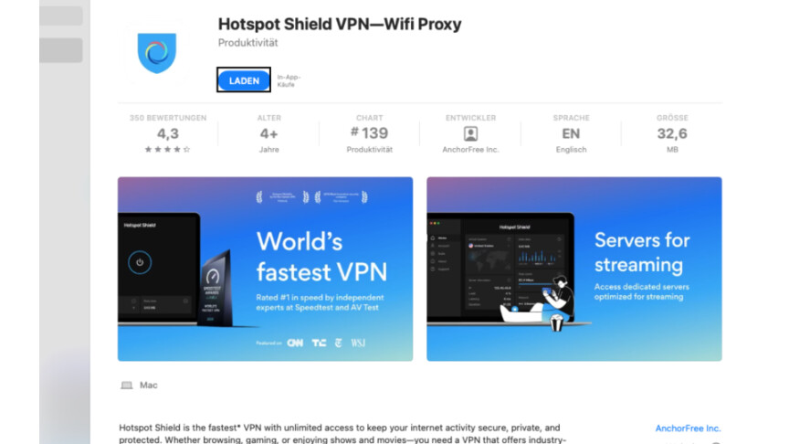 Klickt auf "Laden" oder "Installieren", um die VPN-App herunterzuladen und zu installieren.