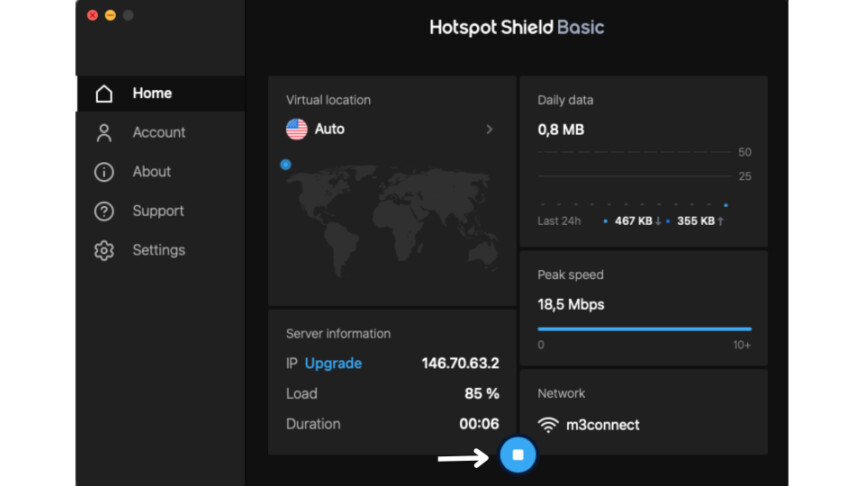 Seid ihr mit einem Server verbunden, seht ihr Angaben zu eurer IP-Adresse sowie zu eurem Netzwerk und der Geschwindigkeit eurer Verbindung.