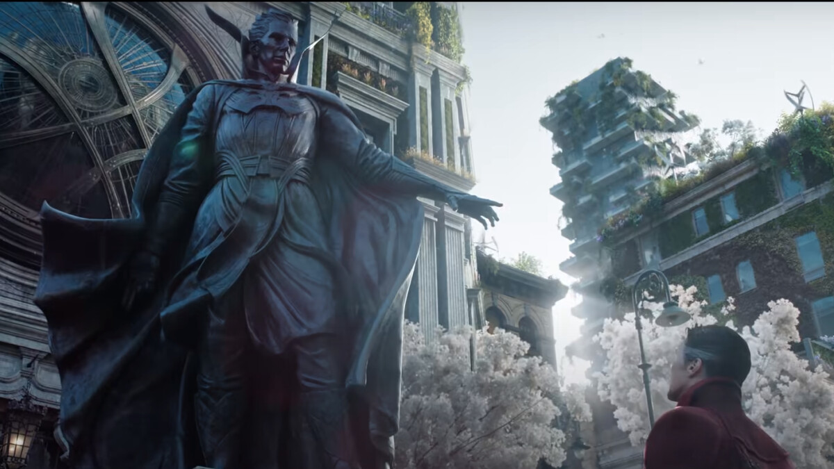 Doctor Strange in the Multiverse of Madness: A statue of Doctor Strange suggests that Strange is a celebrated hero in another universe.