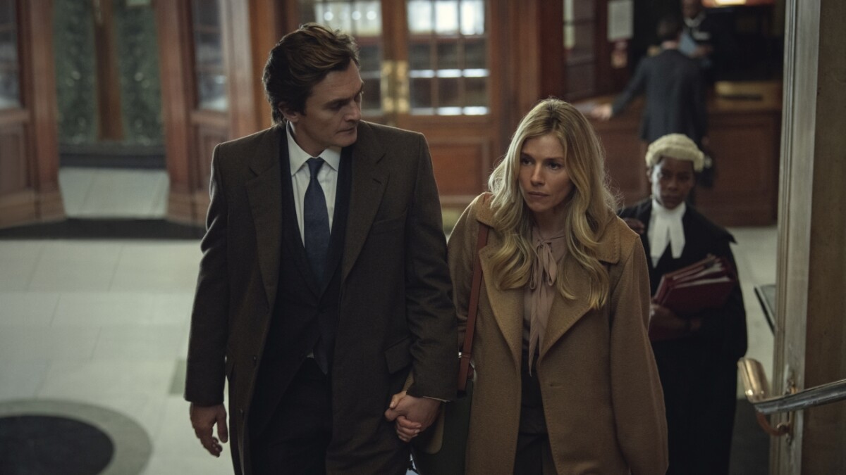 Rupert Friend as James and Sienna Miller as Sophie Whitehouse in Anatomy of a Scandal