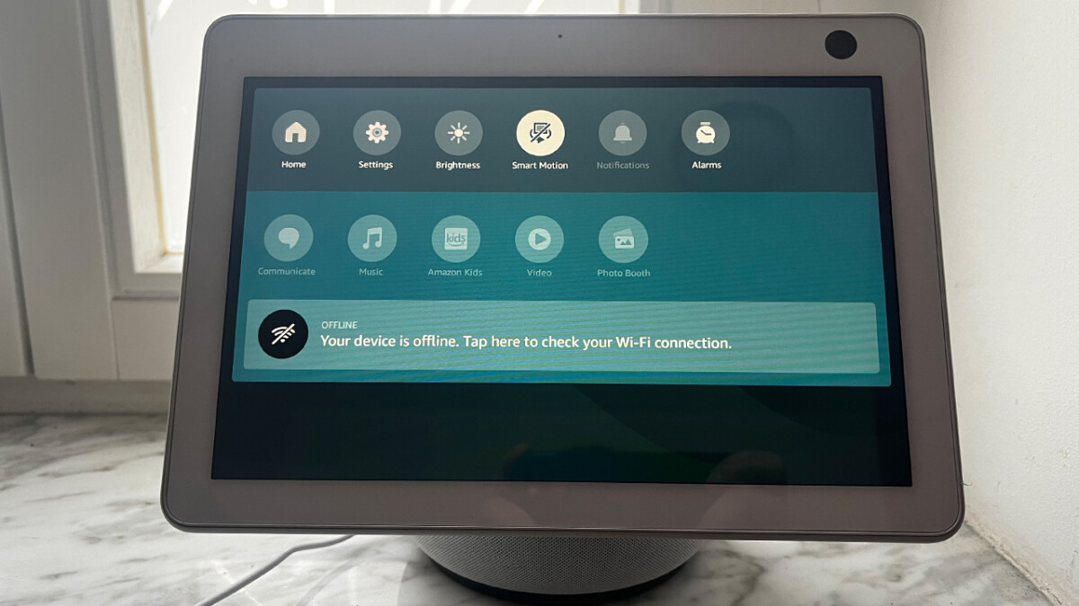 The controls on the large tilting and rotating display of the Amazon Echo Show 10 are easily visible and accessible.