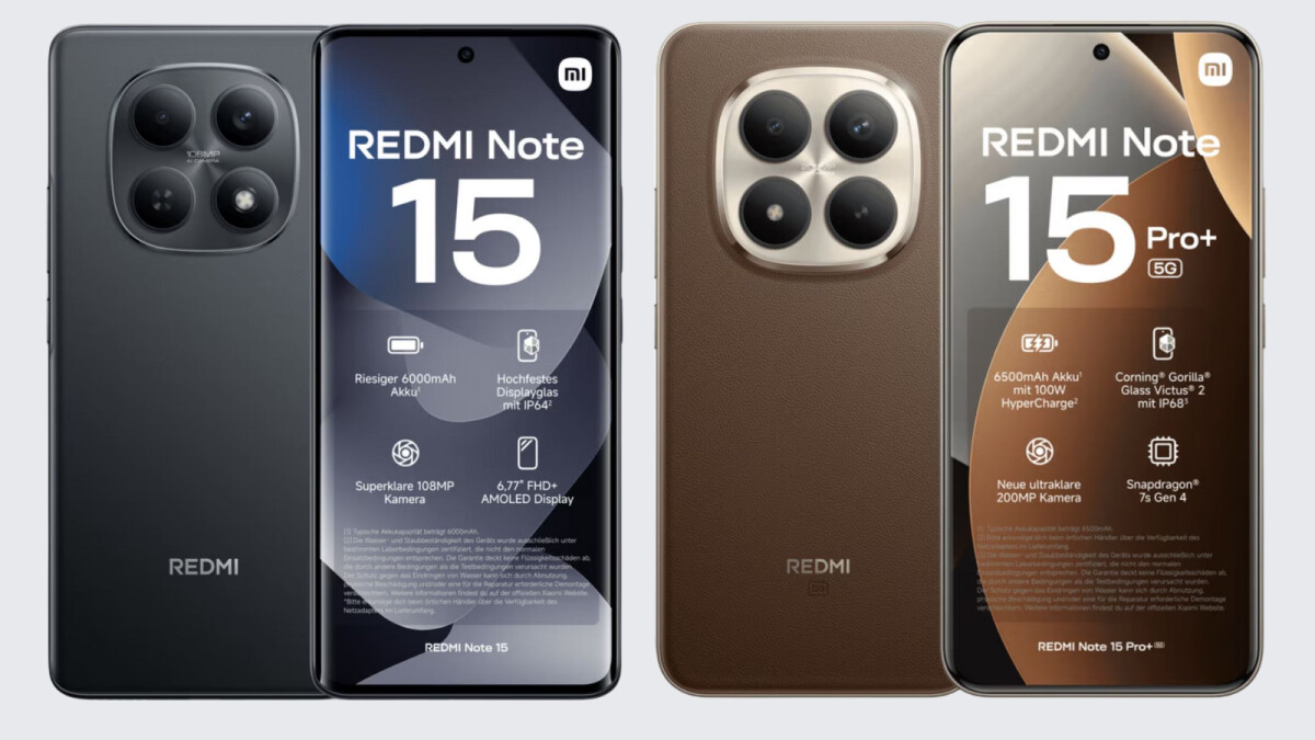 Das geleakte Redmi Note 15 (links) und das leistungsstärkere Redmi Note 15 Pro+ 5G (rechts) zeigen sich bereits vor dem offiziellen Xiaomi-Launch in vollem Design.