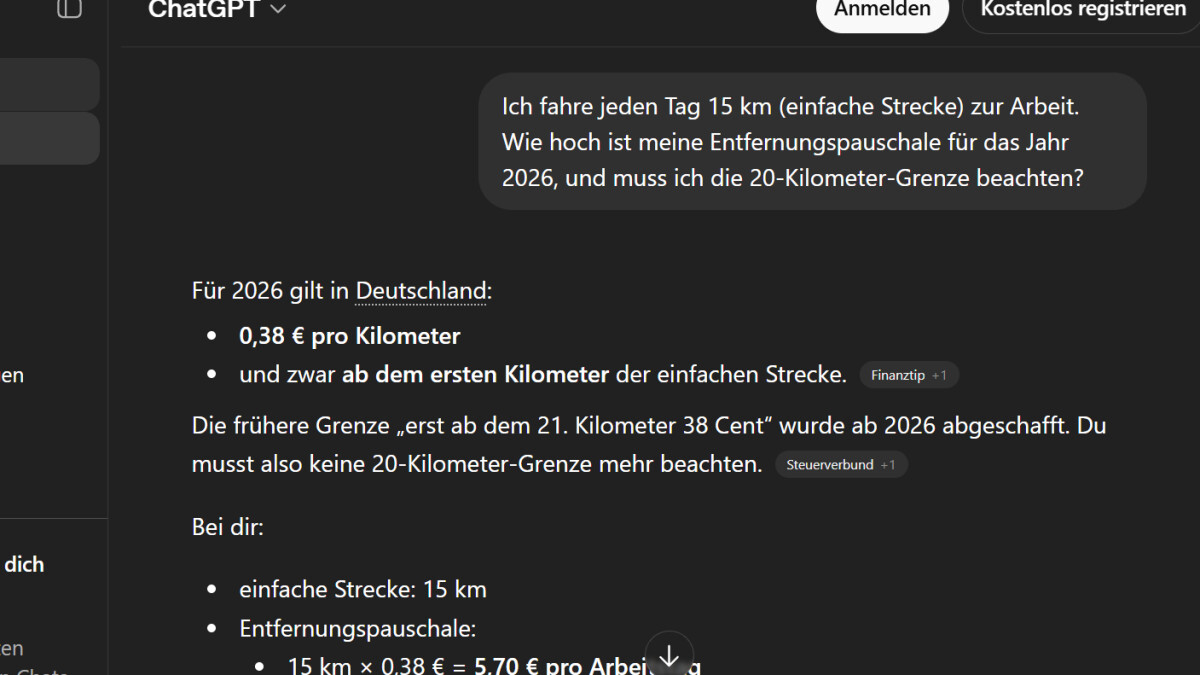 Manche Antworten von ChatGPT sind ganz gut, aber der Unterschied zu SteuerGPT wird bei komplizierteren Fragen deutlich. 