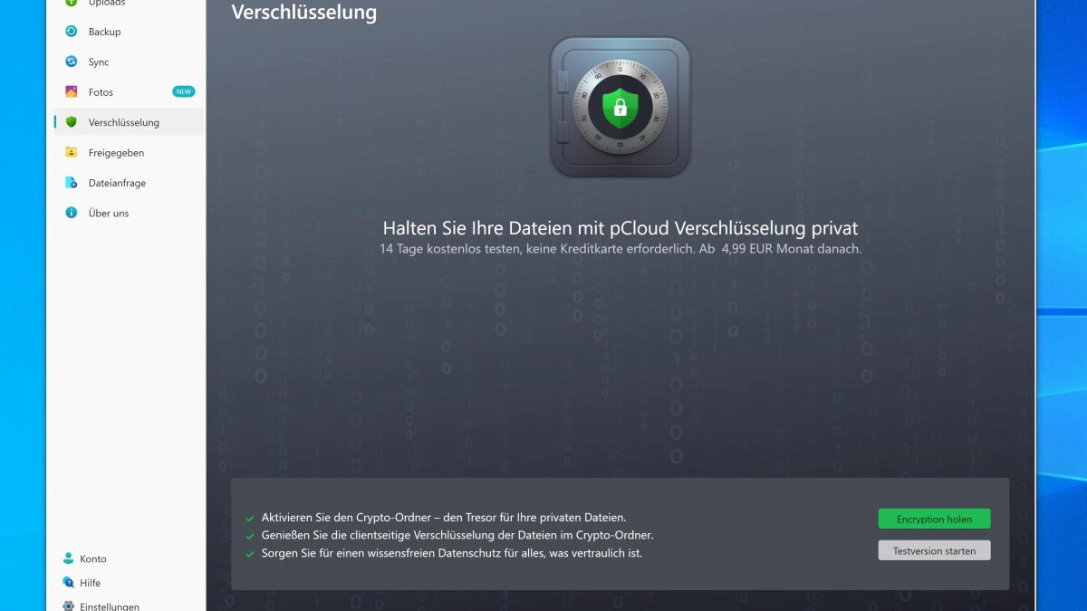 Für maximale Sicherheit eurer Dateien müsst ihr zusätzlich pCloud Encryption hinzubuchen.